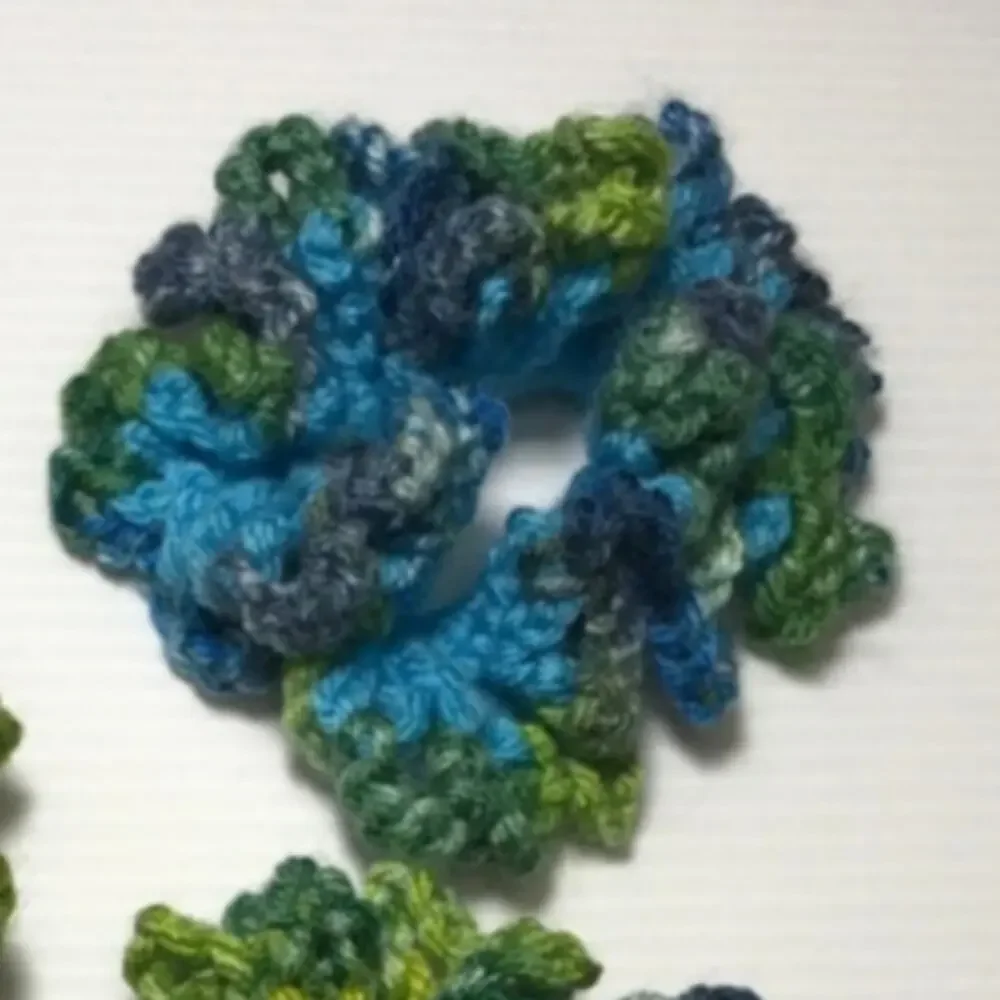 NWT Green Blue Handmade Crocheted Hair Scrunchie Set of 3
